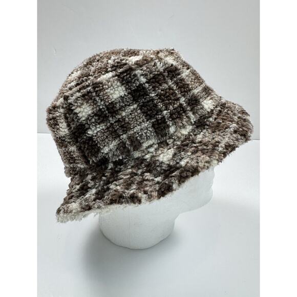 Quicksilver Fleece Bucket Hat Deep Pile Sherpa Brown Beige Plaid Adults OS - Picture 1 of 9